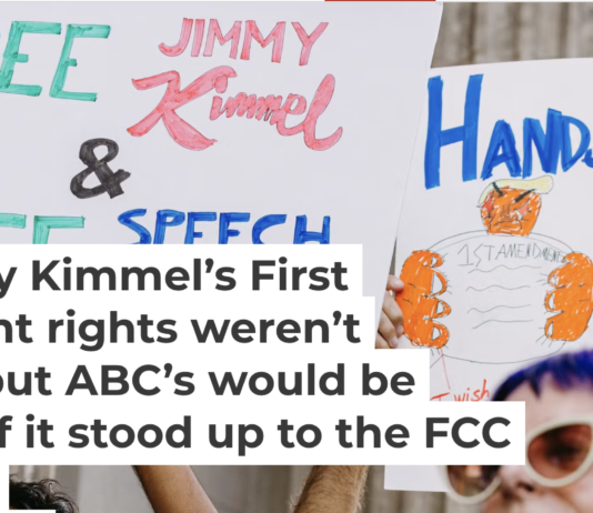 A crowd protests in Hollywood, Calif., on Sept. 18, 2025, after the suspension of the ‘Jimmy Kimmel Live!’ taping earlier in the day. David Pashaee / Middle East Images via AFP, Getty Images